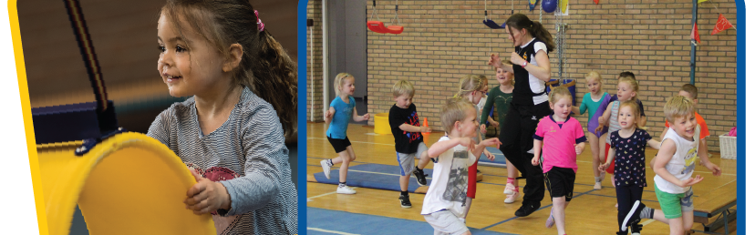 Twee kaders blauw en geel - juf met groep